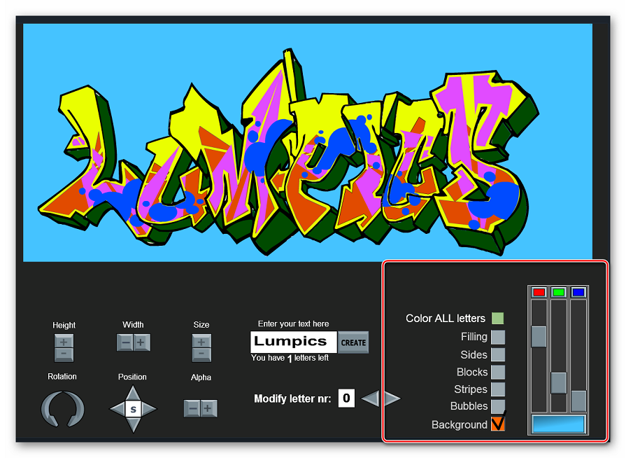 Панель редактирования цветов и элементов на Graffiti Creator